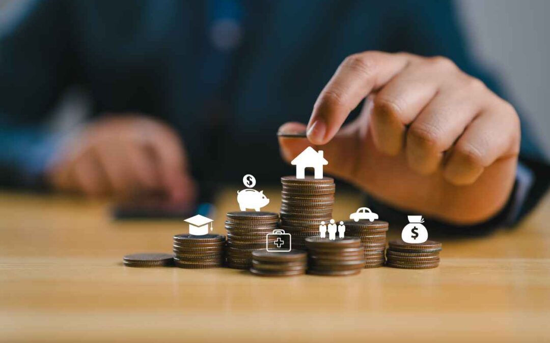 Businessman with coins stacking with icon include graduate money saving car house health care for insurance and mortgage financial concept; asset management